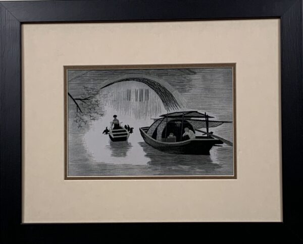 Two Boats and Osprey in Water Village (Black and White, rectangular 12cmx18cm)