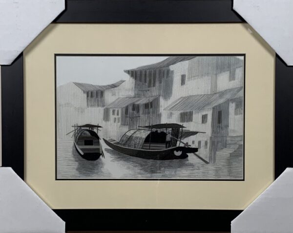 Water Village with Two Boats and Houses (20cmx30cm Black & White)