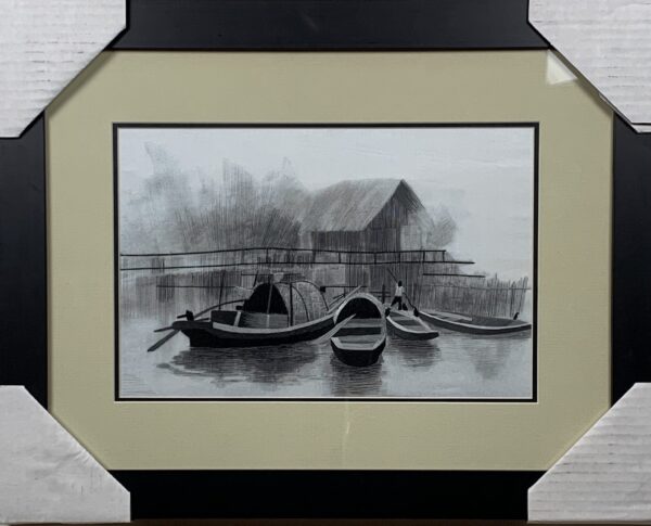 Water Village 3 Boats (20cmx30cm Black & White)